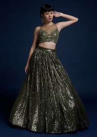 Mehndhi Green color Net Fabric Lehenga Choli