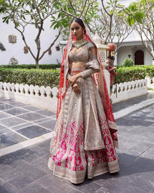 Beige and Pink color Pure Silk Fabric Lehenga Choli