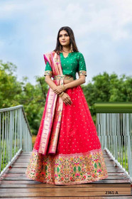 Red and Green color Silk Fabric Lehenga Choli