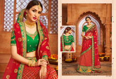 Red and Green color Silk with Jacquard Fabric Lehenga Choli