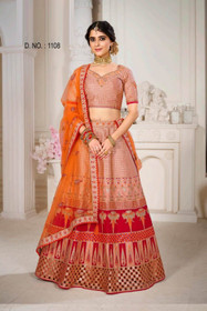 Peach and Red color Silk Fabric Lehenga Choli