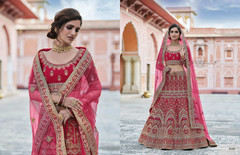 Hot Pink color Velvet Fabric Heavily Embroidered Bridal wear Lehenga Choli