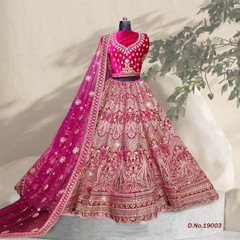 Hot Pink color Velvet Fabric Heavily Embroidered Lehenga Choli