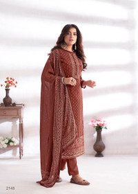 Brown color Cotton Silk Fabric Ban Neck Design Suit