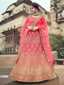 Red and Magenta color Satin Fabric Heavily Embroidered Lehenga Choli