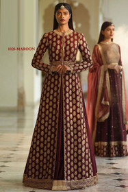Maroon color Silk Fabric Full Sleeves Floor Length Centre Cut Party Wear Indowestern style Suit