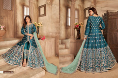 Turquoise Blue color Art Silk Fabric Full Sleeves Floor Length Centre Cut Indowestern style Party Wear Suit