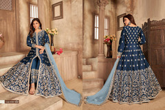 Navy Blue color Art Silk Fabric Full Sleeves Floor Length Centre Cut Indowestern style Party Wear Suit