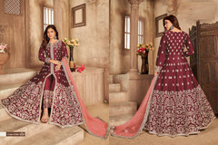 Maroon color Art Silk Fabric Full Sleeves Floor Length Centre Cut Indowestern style Party Wear Suit