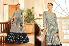 Greyish Blue and Navy Blue color Georgette Fabric Full Sleeves Floor Length Printed Gown