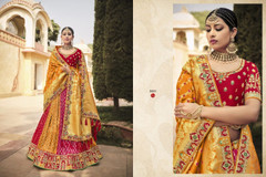 Red and Mustard Yellow color Banarasi Silk Jacquard  Fabric Lehenga Choli
