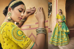 Yellow and Blue color Banarasi Silk Jacquard  Fabric Lehenga Choli
