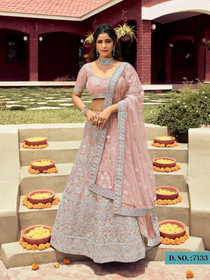 Peach color Organza Fabric Lehenga Choli