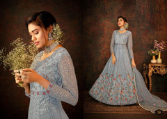 Powder Blue color Net Fabric Full Sleeves Floor Length Anarkali style Suit