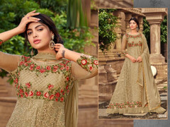 Beige color Embroidered Net Fabric Anarkali style Suit