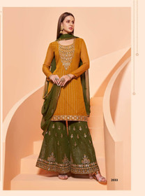 Orange and Green color Georgette Fabric Suit