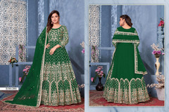Green color Full Sleeves Floor Length Net Fabric Anarkali style Suit