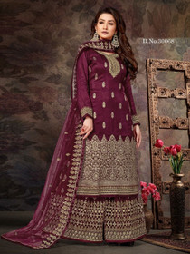 Wine color Heavily Embroidered Jacquard Fabric Suit
