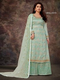 Blue color Heavily Embroidered Jacquard Fabric Suit