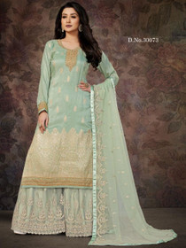 Sea Blue color Heavily Embroidered Jacquard Fabric Suit
