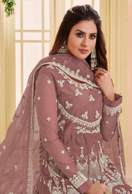 Onion color Full Sleeves Net Fabric Embroidered Suit