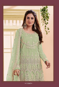 Olive Green color Full Sleeves Net Fabric Embroidered Suit