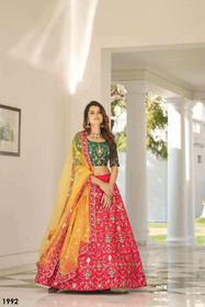 Red and Green color Silk Fabric Embroidered Lehenga Choli