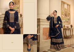 Navy Blue color Heavily Embroidered Chinnon Fabric Party Wear Suit