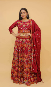 Red color Chinnon Fabric Embroidered Lehenga Choli