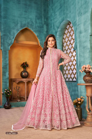 Pink color Net Fabric Centre Cut Floor Length Full Sleeves Indowestern style Suit