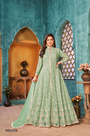 Green color Net Fabric Centre Cut Ban Neck Design Floor Length Full Sleeves Indowestern style Suit