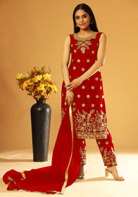 Red color Net Fabric Embroidered Suit