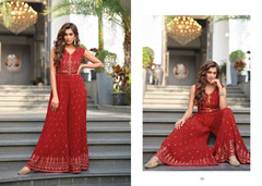 Red color Cut Sleeves Floor Length Chinnon Fabric Jumpsuit