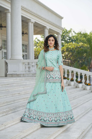 Sky Blue color Chinnon Chiffon Fabric Lehenga Choli