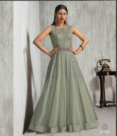 Grey color Fabric Imported Net and Lycra Fabric Gown