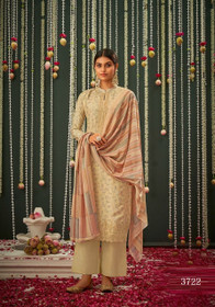 Beige color Cotton Silk Fabric Ban Neck Design Suit