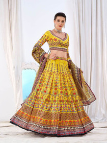 Yellow color Chinnon Fabric Lehenga Choli