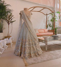 Powder Blue color Net Fabric Lehenga Choli