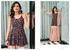 Navy Blue and Powder Pinkish Peach color Georgette and Chinnon Fabric Indowestern style Suit