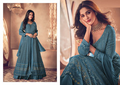 Blue color Georgette Fabric Full Sleeves Floor Length Centre Cut Indowestern style Suit