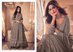 Grey color Georgette Fabric Full Sleeves Floor Length Centre Cut Indowestern style Suit