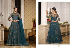 Blue color Net Fabric Floor Length Full Sleeves Centre Cut Indowestern style Suit