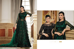 Green color Net Fabric Floor Length Full Sleeves Centre Cut Indowestern style Suit