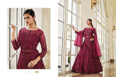 Magenta color Net Fabric Floor Length Full Sleeves Centre Cut Indowestern style Suit