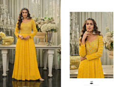 Yellow color Georgette and Chinnon Fabric Full Sleeves Floor Length Gown