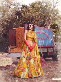 Elegant Yellow and Cream Chinnon Lehenga Choli5106