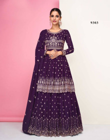 Purple color Embroidered Real Georgette Fabric Indowestern style Suit