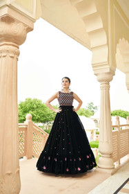 Black color Cut Sleeves Floor Length Georgette Fabric Gown