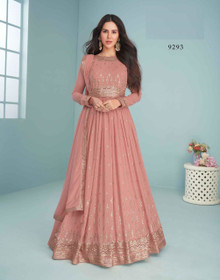 Pinkish Peach color Embroidered Full Sleeves Floor Length Georgette Fabric Anarkali style Suit