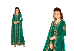 Green color Faux Georgette Fabric Embroidered Centre Cut Indowestern style Suit